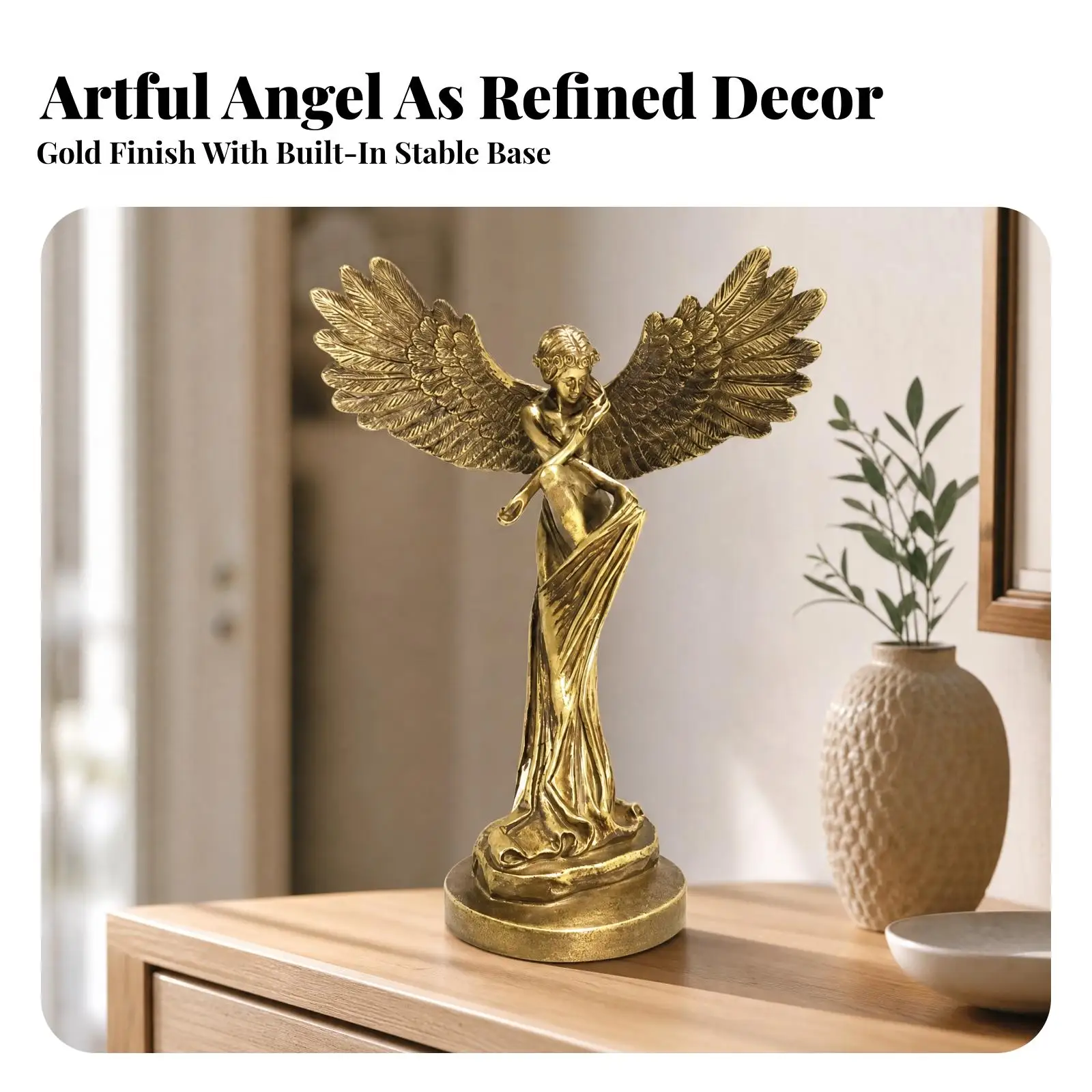 Synthetic Resin Angel Statue Figurine for Living Room Decor Polished Gold Finish Home Accent Piece