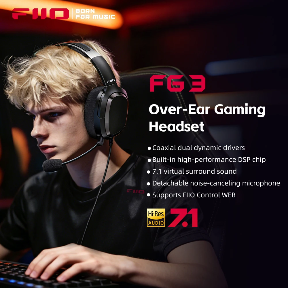 Fone de Ouvido Gamer USB HIFI FIIO FG3, Drivers Dinâmicos Duplos, Microfone ENC, Som Surround Virtual 7.1, DAC de Alta Resolução, EQ Personalizado