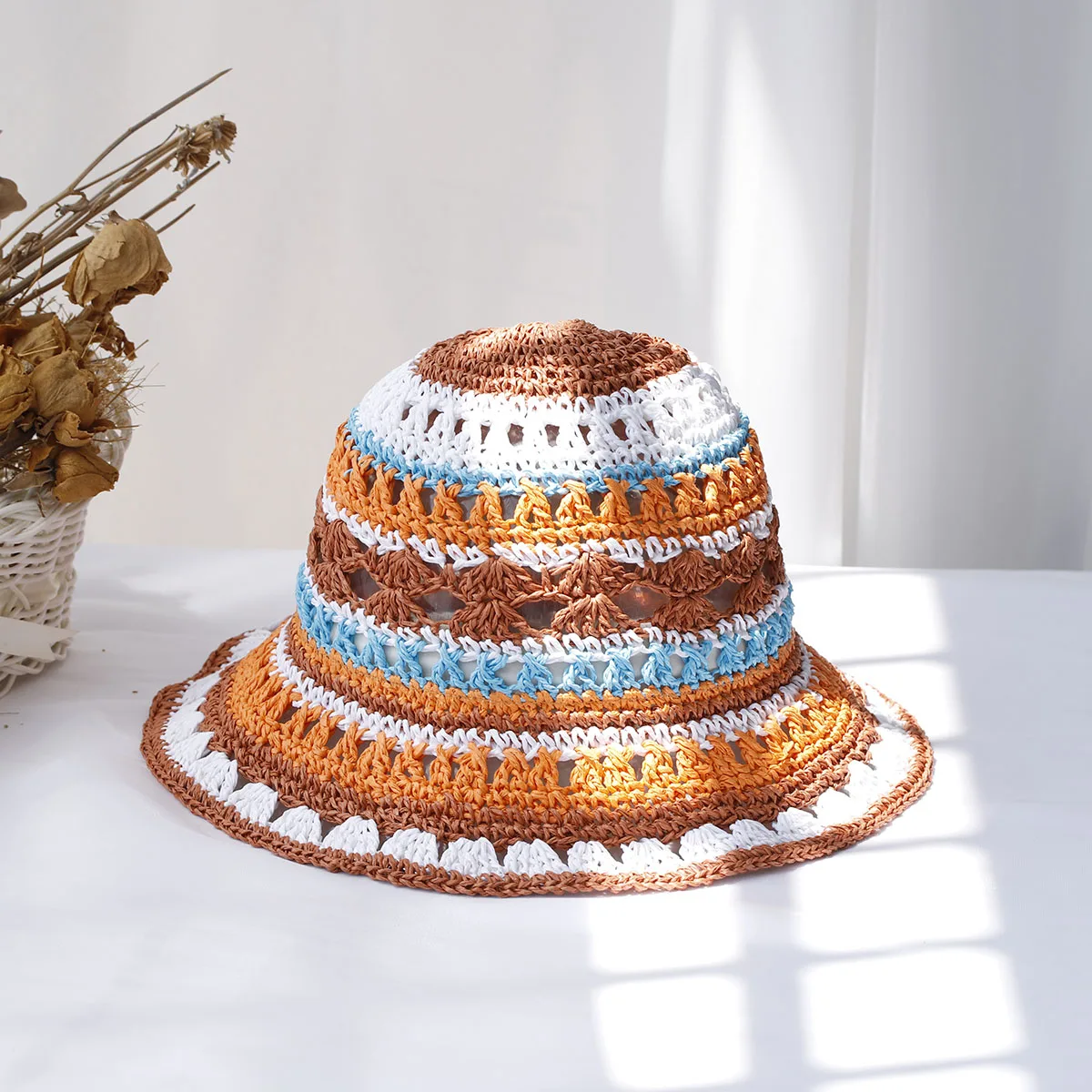 Women's hats New fashion Style bucket hat Multicolor Foldable Sun Crochet Hat For Beach, Travel And Vacation handmade straw hat