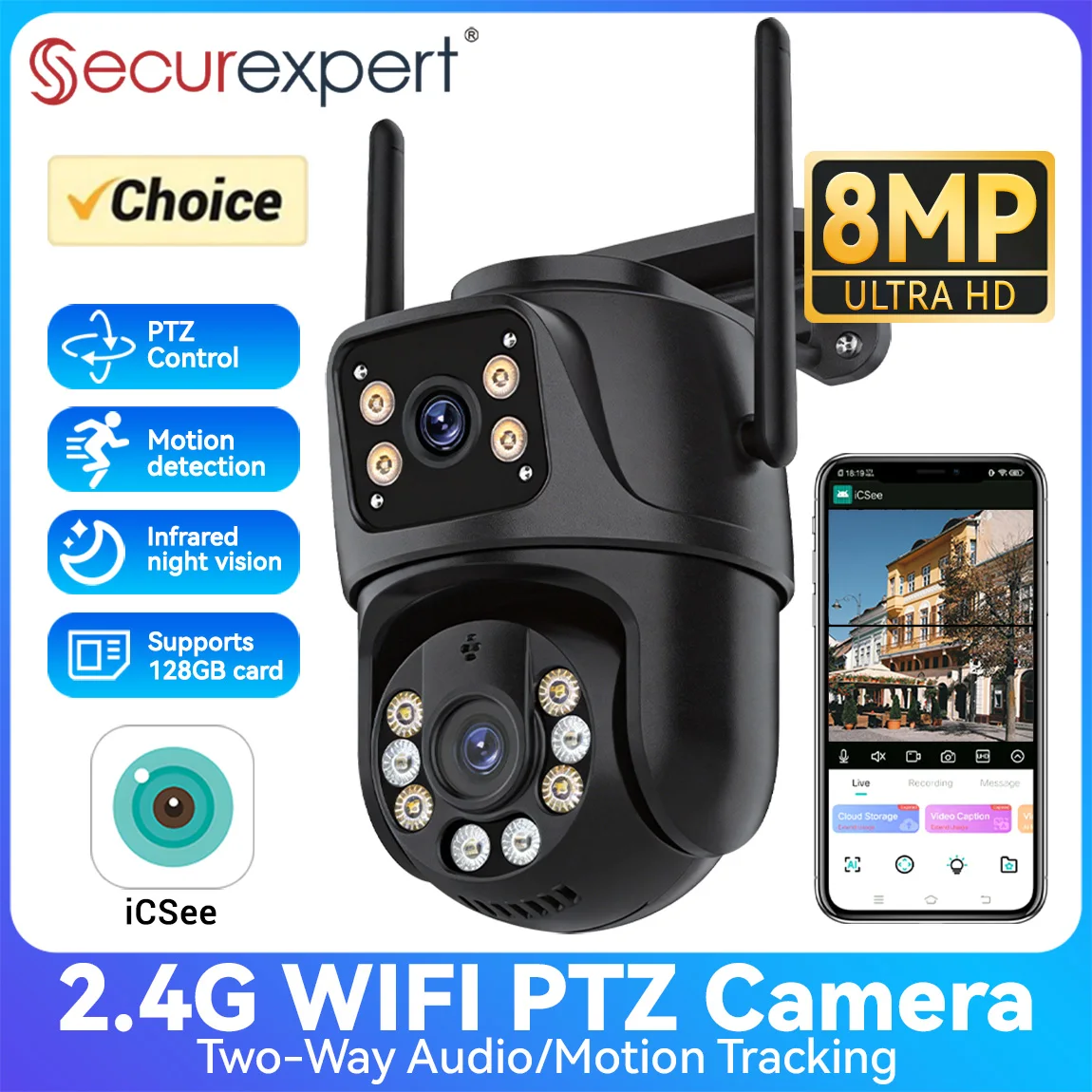 

4K PTZ WiFi-камера с двумя объективами, двумя экранами, ИИ-отслеживанием, 8 МП, для улицы, цветное ночное видение, двусторонняя аудиосвязь, камера безопасности iCSee