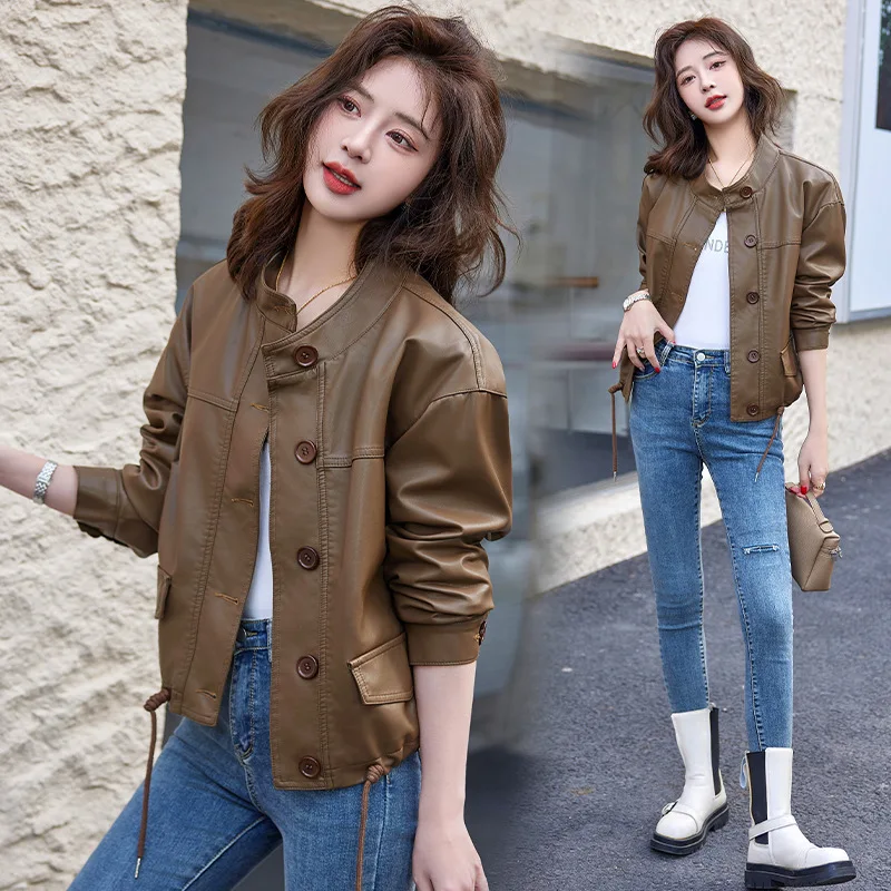 

Spring and Autumn Standing Collar Sheepskin Leather Coat Women's Short 2024 Korean Edition Slender and Loose Casual Leather Coat