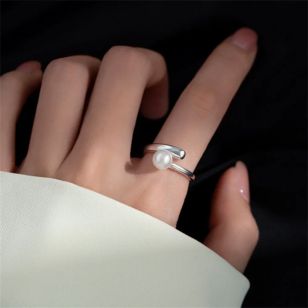 Französischer Vintage-Ring in Silberfarbe, verstellbar, mit einfachem Imitationsperlen-Design, Damenring, modischer Schmuck, INS-Accessoire, Geschenk. – Detail 2