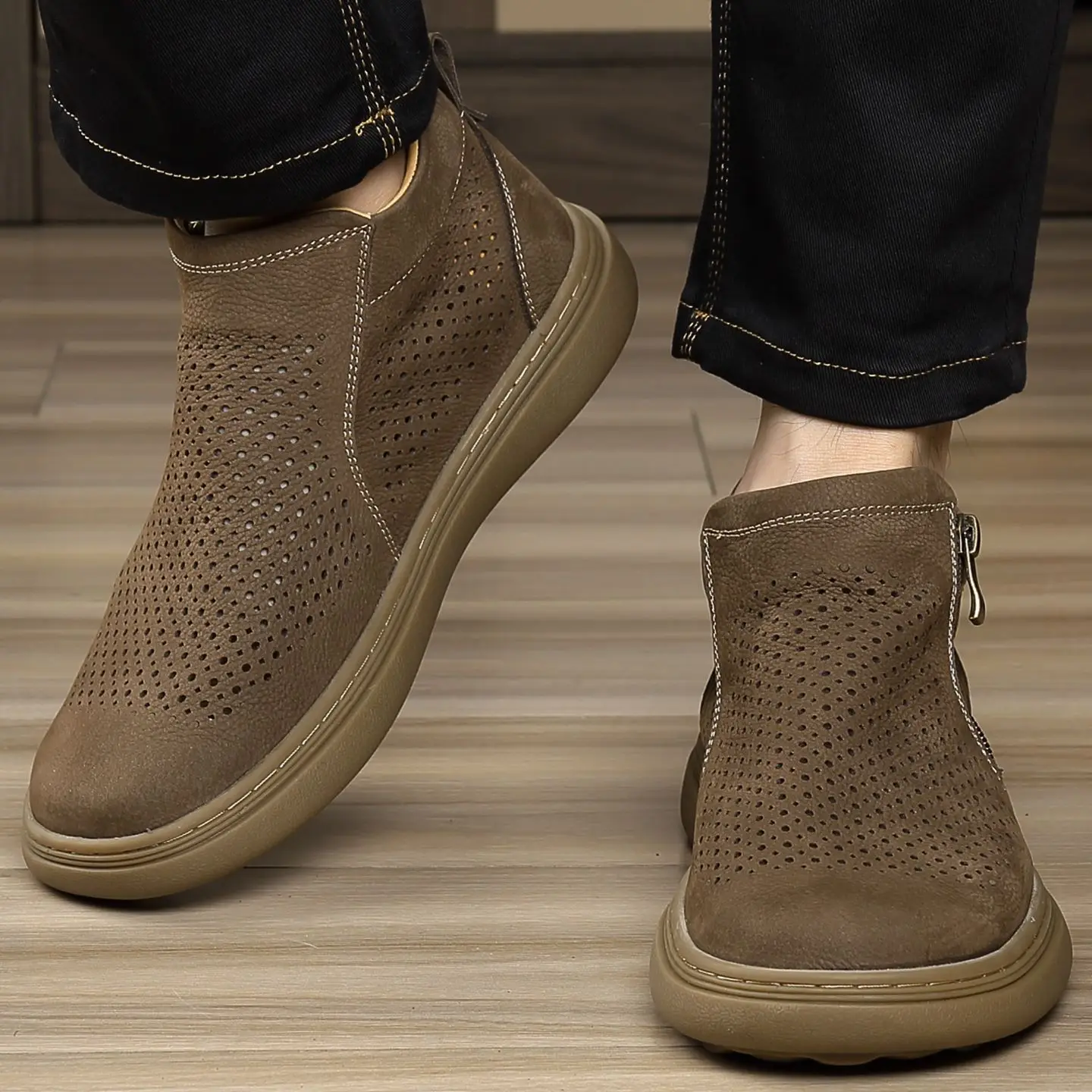 Genuine Leather Shoes Men Hollow Breathable Trendy Casual Luxury Brand Boots Oxford Loafers Zipper Business Office Party Summer