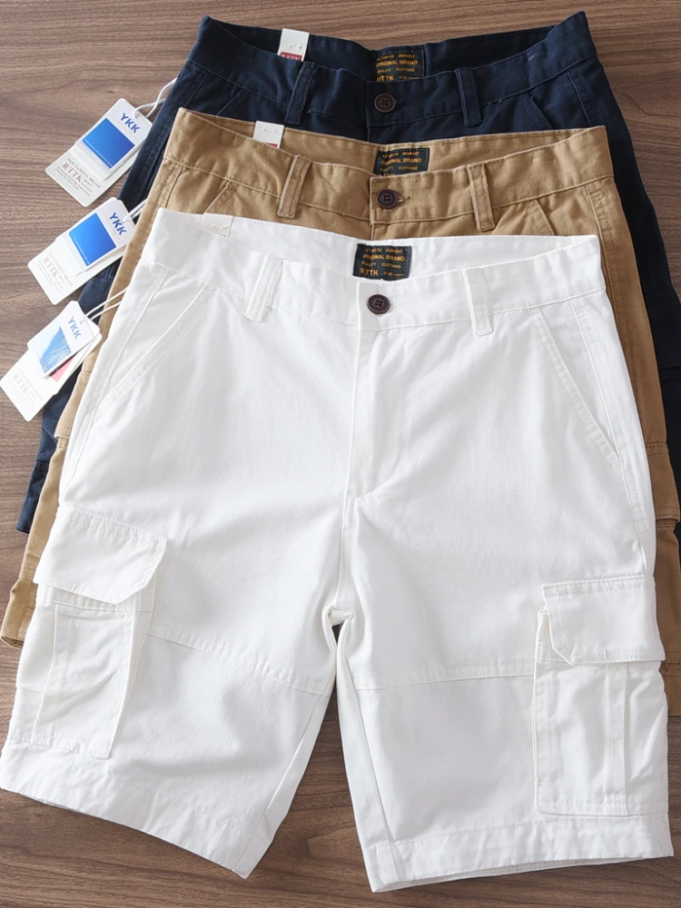 2025 verão novo americano retro tecido multi-bolso carga shorts masculino amekaji 100% algodão lavado casual calças retas de 5 pontos