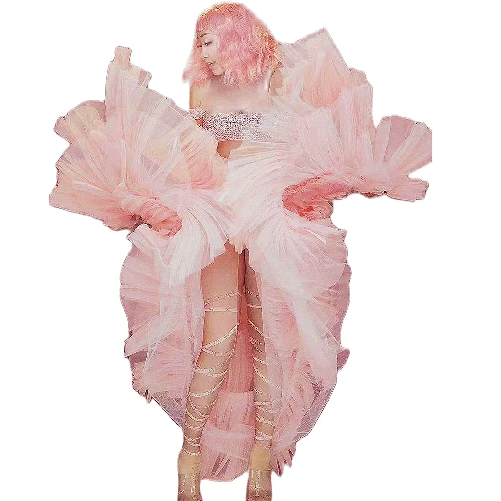 Shining Diamonds Strakke Stretch Mesh Netto Vrouwen Body Roze Rok Tweedelige Set Verjaardagsfeestje Outfit Zanger Dans Stadium Slijtage