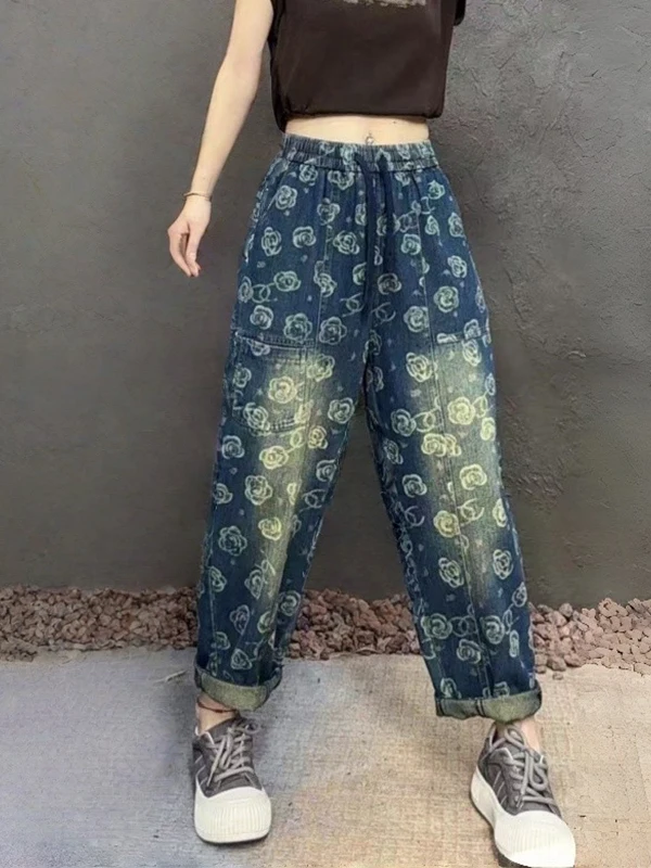 Lente 2026 Casual Harajuku Sle Loose Fit Gedrukt Denim Rechte Pijpen Broek Dames Afslankende Elastische L Taille Jeans