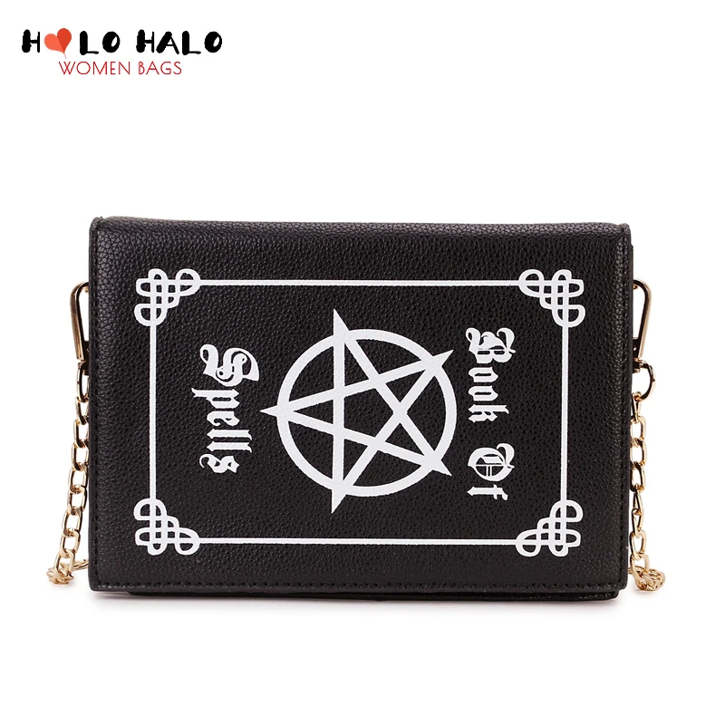 Halloween Dark Magic Book Design Women Handbag and Purse Gothic Girl\'s Clutch Bag Female Black Shoulder Mini Chain Bag Fashion