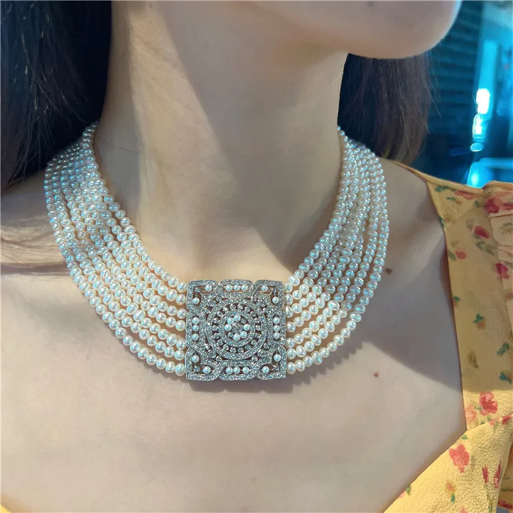 

16-19" 7 Rows Freshwater Cultured White Pearl Cz Pave Pendant Short Necklace Handmade For Women