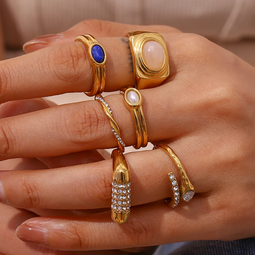 E.B.belle Luxus-Ringkollektion Edelstahl Vergoldete Ringe mit Natürlichen Halbedelsteinen für Damen Statement-Schmuck