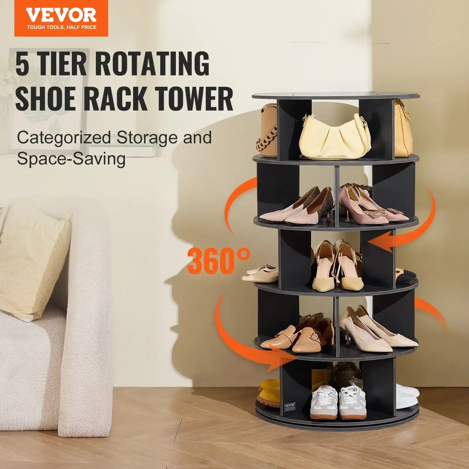 

5-Tier Rotating Shoe Rack Tower 360° Spinning Shoe Display Carousel