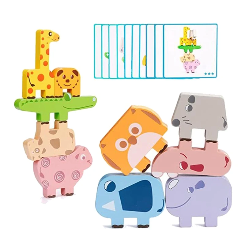 Juguetes de construcción de equipo de madera, juego de bloques apilables, juguetes de equilibrio de animales para niños pequeños, niños y niñas