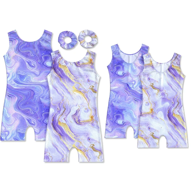 

Gymnastics Leotards for Girls Two-Piece Shiny Colorful Sleeveless Tumbling Outfits Kids Cycling Jumpsuit With Hairband