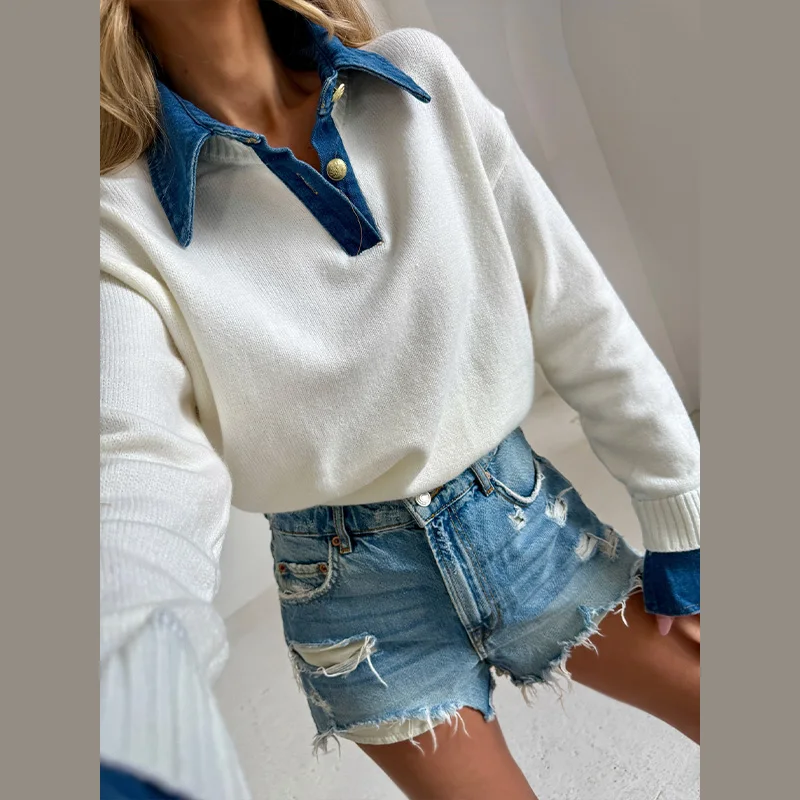 

Autumn Winter Versatile Women's Pullovers Splicing Denim Collar Sleeve Knitwear Chic Lapel Sweaters 2025 New Casual Lady Tops