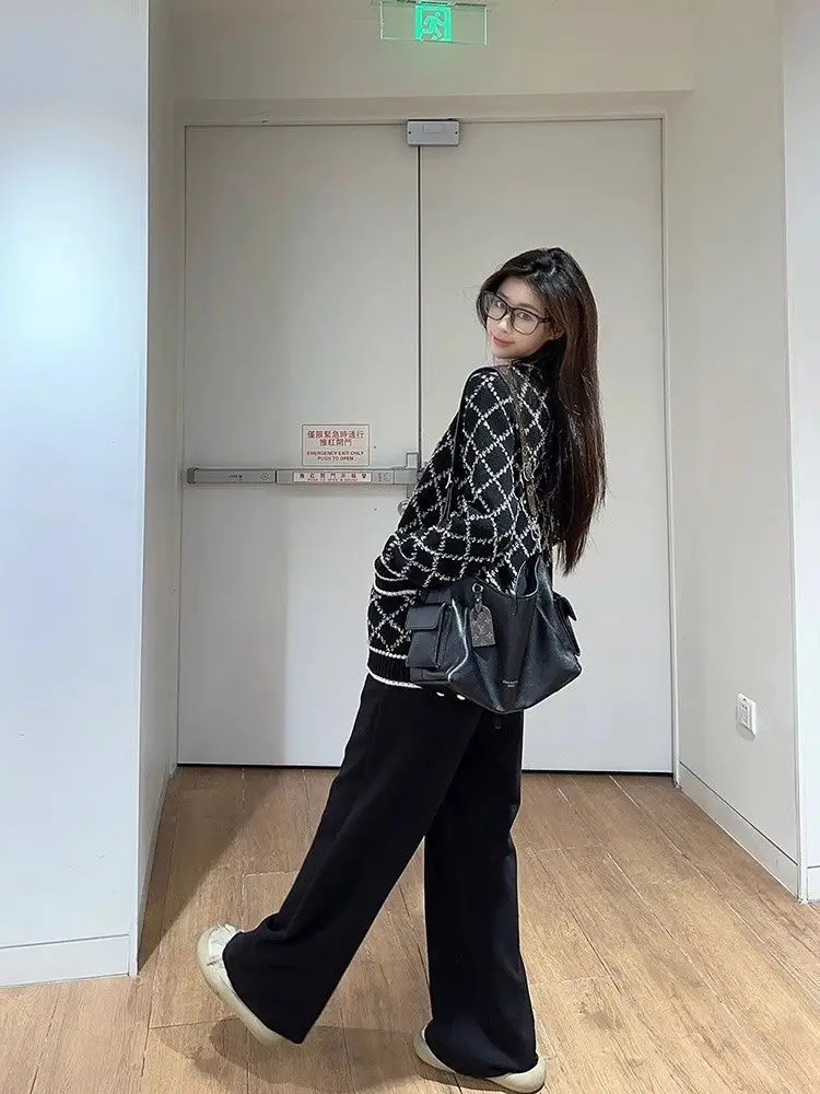 Women Black Argyle Knit Cardigan Spring Fall Crew Neck Single Breasted Metal Buttons Oversized Loose Preppy Casual Sweater Coat