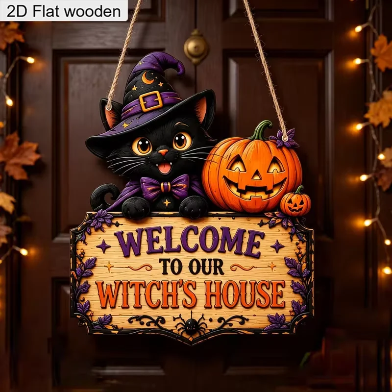 Willkommen in unserem Hexenhaus – Holzschild zum Aufhängen, 2D-Flachholz-Ausstechplakette, schwarze Katze, Kürbis, Wand- oder Türdekoration für Halloween.