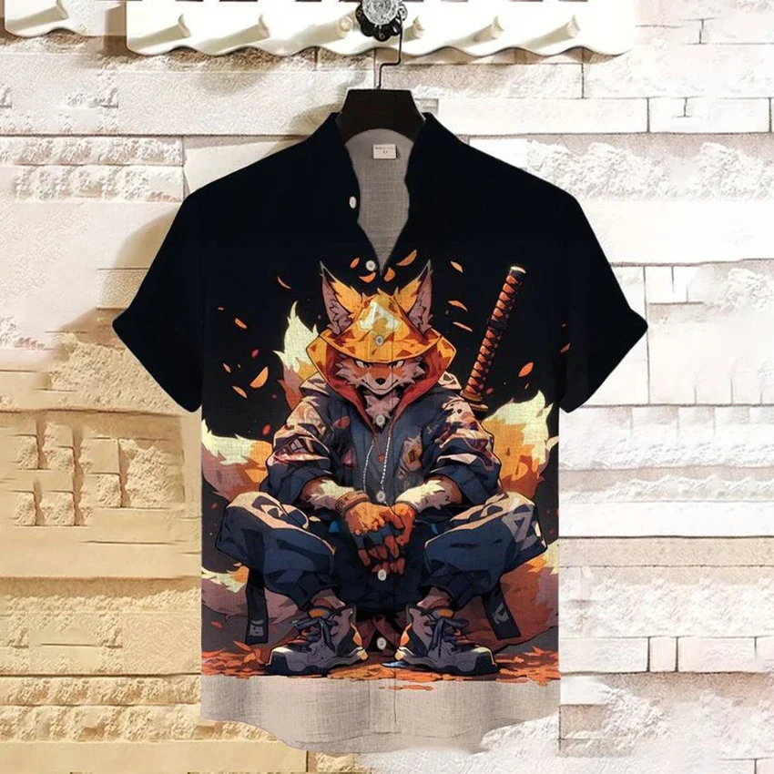 Nowy styl anime samurajski stojący kołnierzyk męska koszula z krótkim rękawem moda na co dzień luźny T-shirt bambusowa lniana koszula top