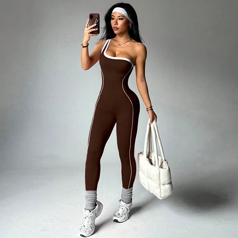 Women Sports One Shoulder Jumpsuits Tracksuits Yoga Pants Bodysuits Line Workout Fitness Gym Training Athletic Tights Suits