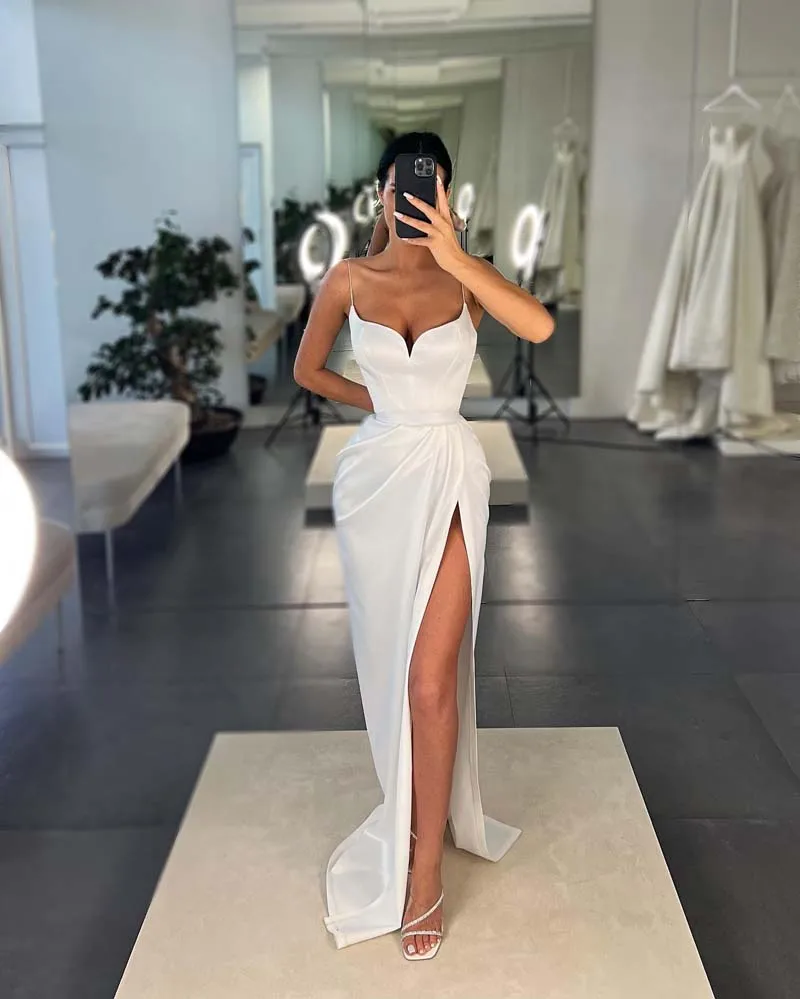 Sumnus-Robe de mariée en satin à bretelles spaghetti, col en V, fente latérale, robe de mariée sexy, train de balayage, robe de mariage, quelle que soit la robe éducative de Novia, 2024