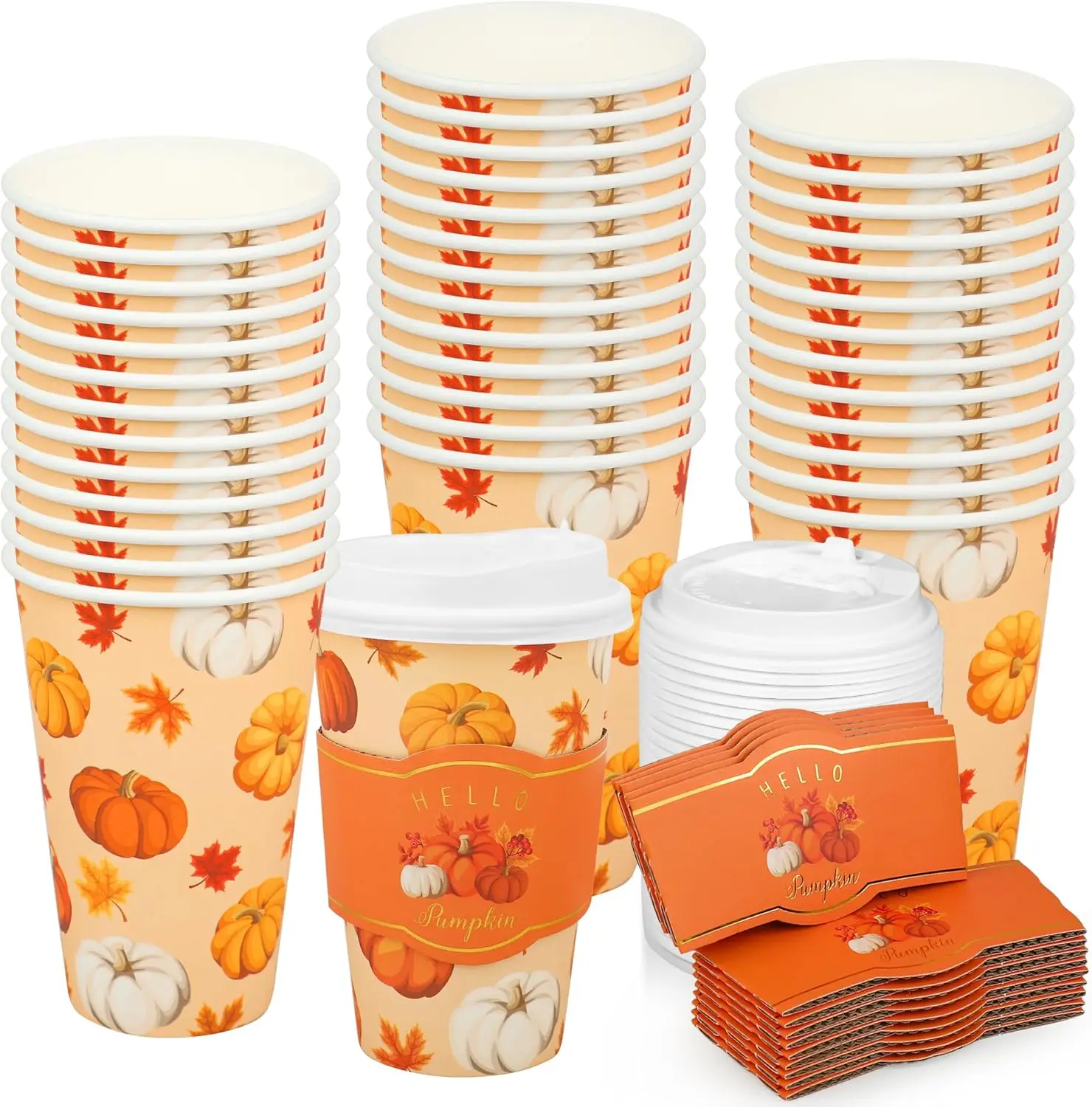

50 Pcs 16oz Fall Disposable Coffee Cups Pumpkin Maple Leaves Paper To Go Cups with Lids Sleeves Thanksgiving Harvest Bev