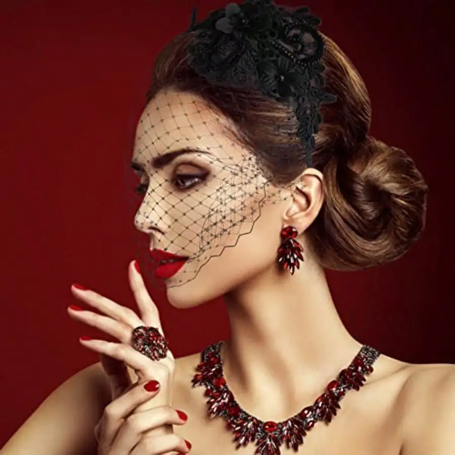 Yolev Tiara fascinadora de renda de malha vintage – casamento de noiva/velo para festas de chá e eventos de coquetel (preto)