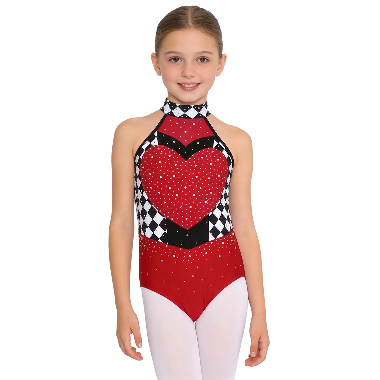 Kids Girls Heart Queen Dress Up Halloween Circus Costume Jumpsuit Rhinestones Halter Sleeveless Checkerboard Leotard Bodysuit image 3