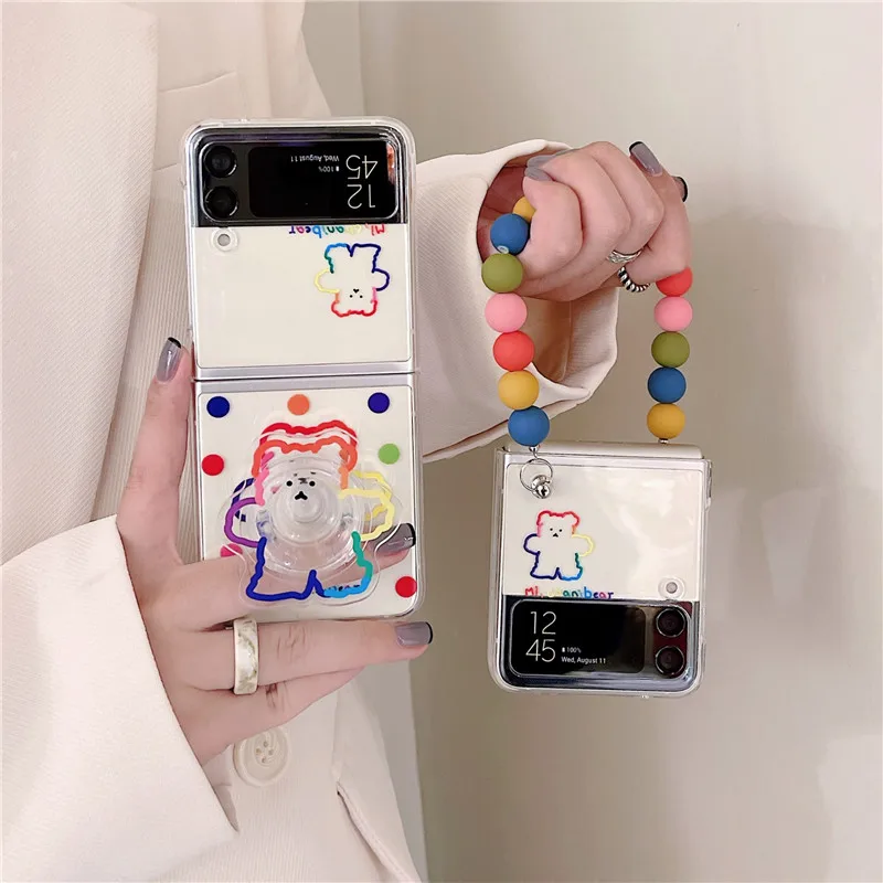 Cute Cartoon For Samsung Galaxy Z Flip 4 3 5G Phone Cases Bracelet Holder Clear Hard PC Cover Phone Cases For Samsung Z Flip 5