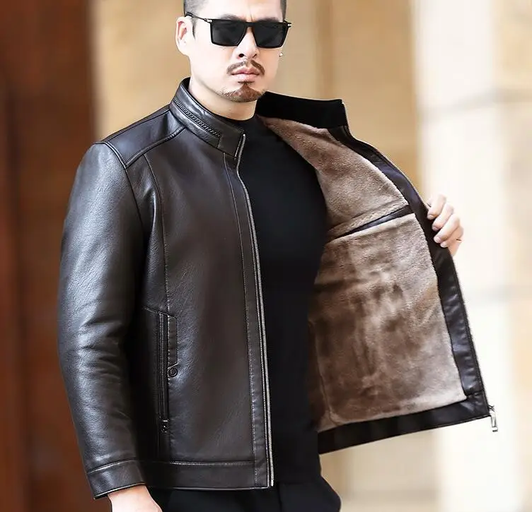 

Genuine Leather Jacket Men's Stand-up Collar Business Casual Fur One-piece Men's Super Soft Plush Liner Warm Jacket