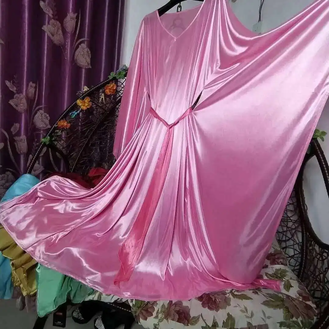 لامعة مثير المرأة الساتان فستان طويل كم طويل فستان سهرة فضفاض بالإضافة إلى حجم رداء النوم