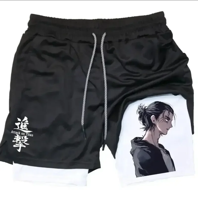 attack-on-titan-fashion-new-hot-2025-anime-mens-branco-preto-shorts-de-duas-camadas-com-estampa-de-personagem-titan-texto-de-camada-preta-interna
