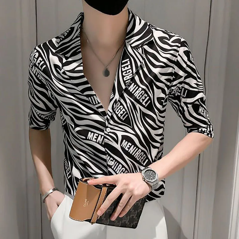 Fashion V-Neck Letter Printed Three Quarter Shirts Men's Clothing 2023 Summer New Oversized Casual Tops Loose Korean Shirt