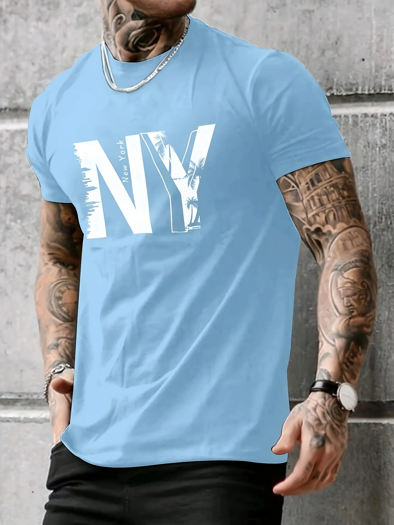 Summer men's 100% pure cotton casual loose plus size NY letter printed sports comfortable round neck short sleeved T-shirt top image 3