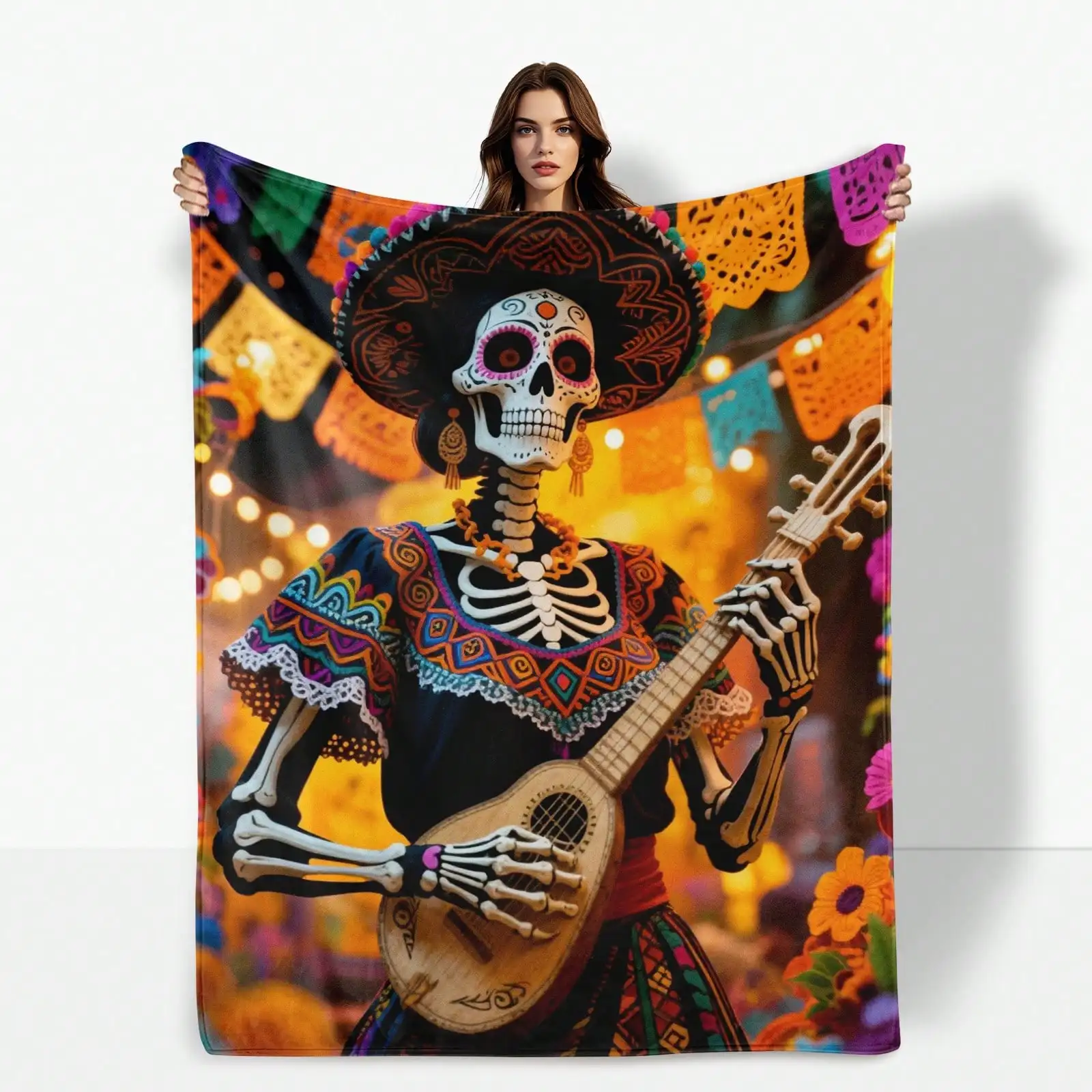 

Художественное мексиканское окрашенное дизайнерское гитарное декоративное одеяло с золотым акцентом приносит культурное дыхание и тепло вашего дома