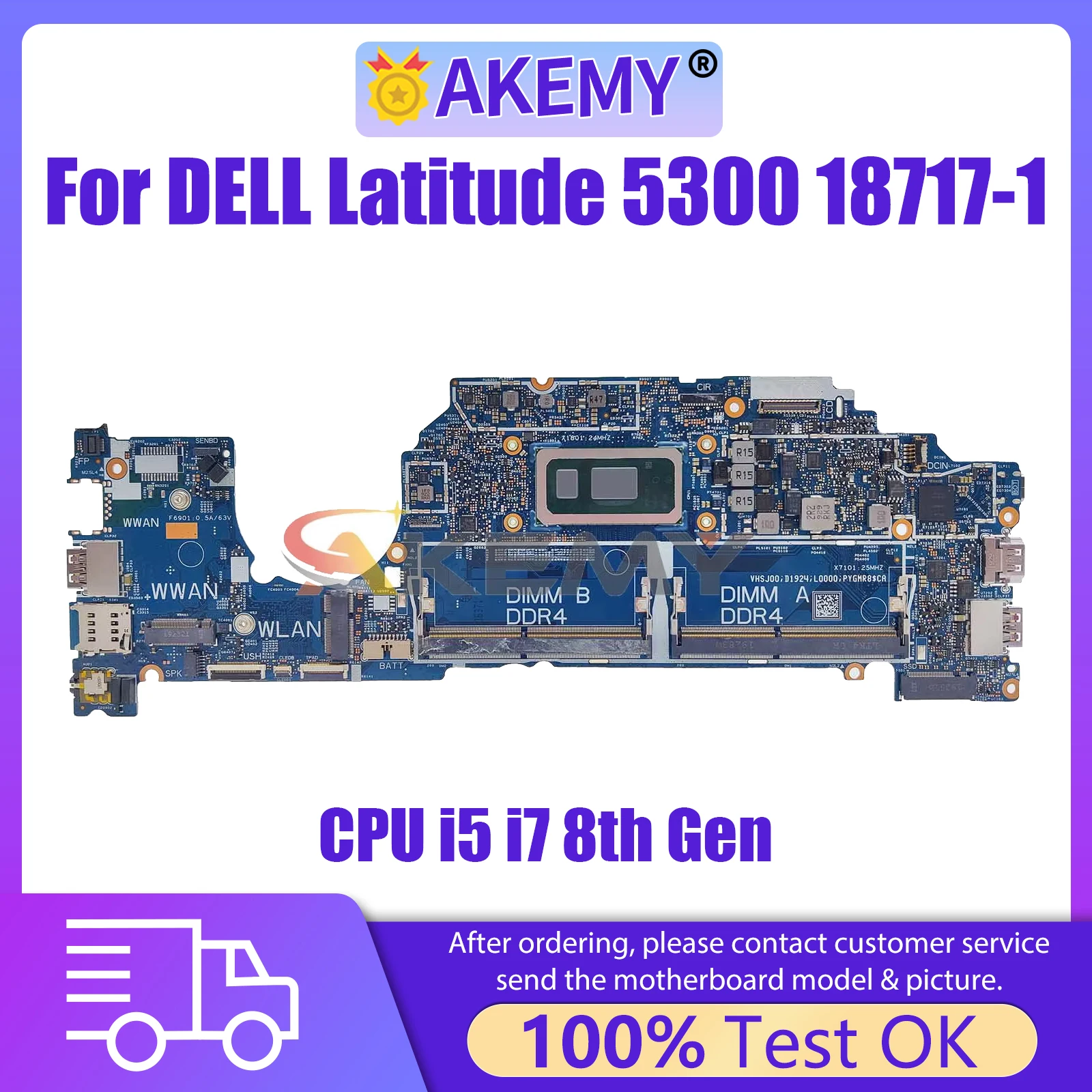 AKEMY 18717-1 Notebook Mainboard For Dell Latitude 5300 0H7KTP 05PW9V Laptop Motherboard With CPU I5 I7-8th Gen Full Tested