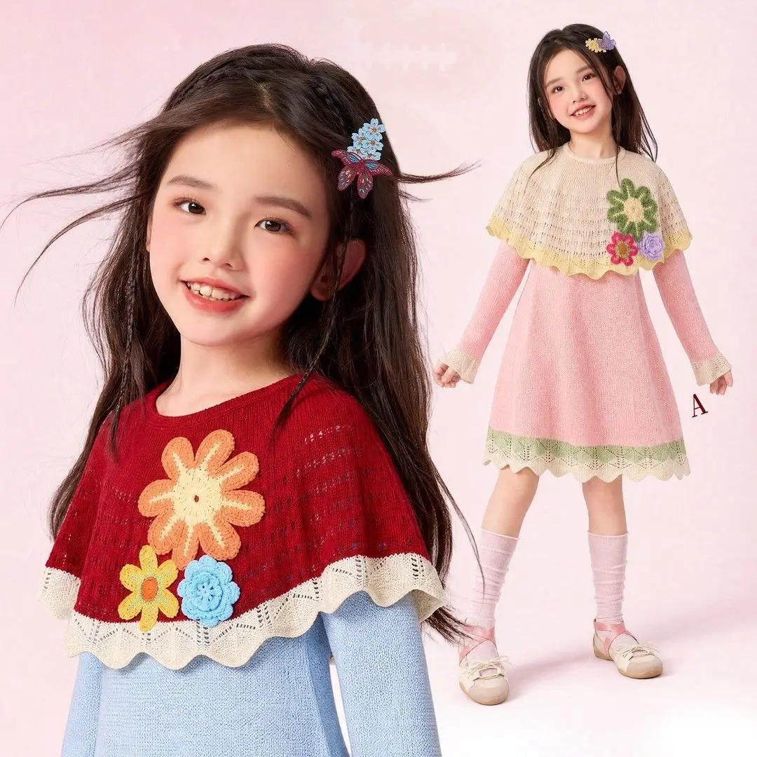 Girls' Dress 2026 Autumn and Winter New Children's Clothes Girls Baby Mori Is Three-dimensional Hook Flower Shawl Knitted Dress