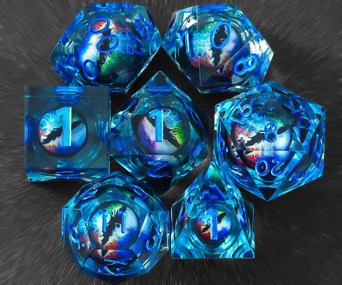 

Blue Liquid Core Dragon Eye Dice 7Pcs Sharp Edge Resin Polyhedral Dice Set for D&D TRPG Role Playing Game