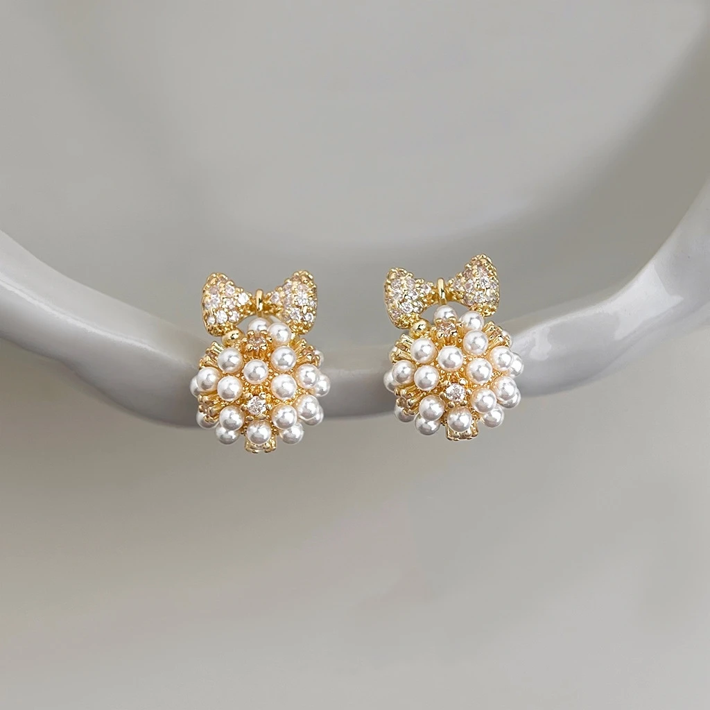 14K Gold Plated Copper Bow Pearl Stud Earrings Paved Zircon Cluster Imitation Pearl Ball Earrings Women Elegant Wedding Jewelry
