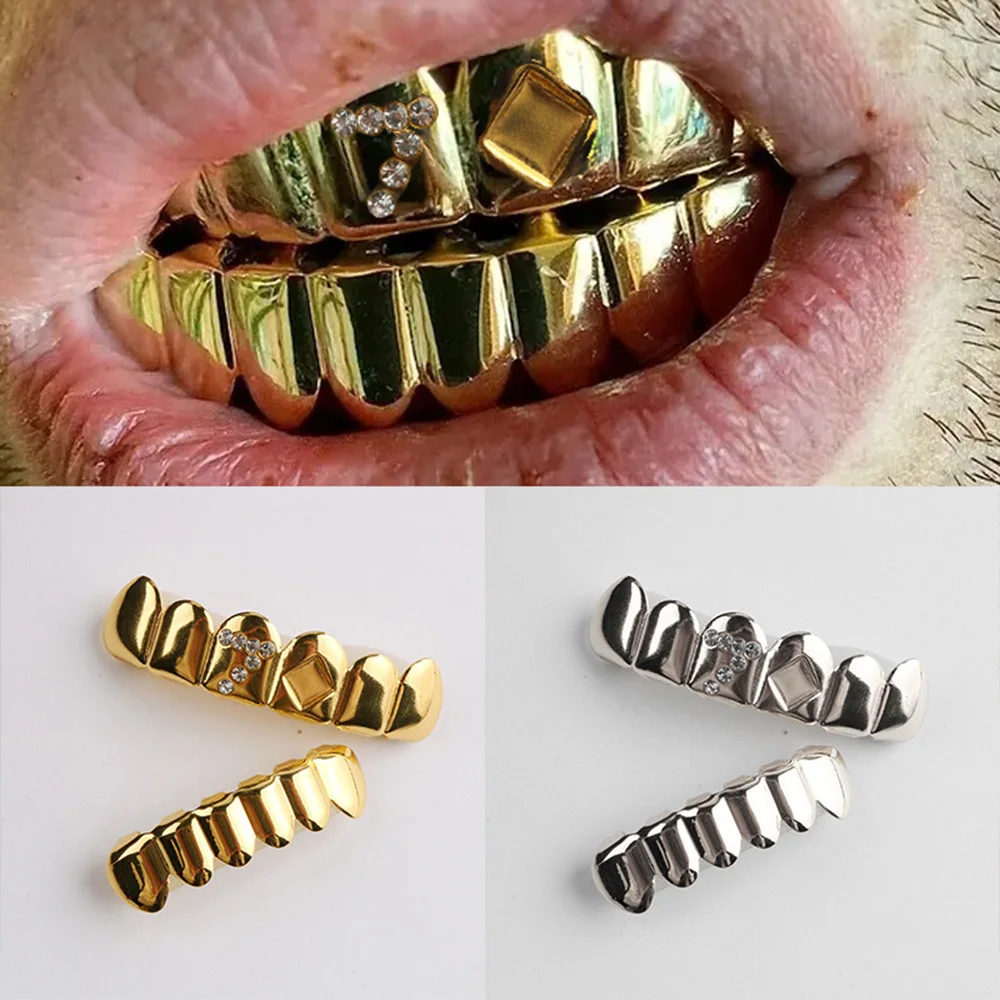 YOUNGX 6/6 Gold Silver Color Number 7 Zircon Teeth Grillz Hip Hop Pattern Tooth Caps For Women Men Jewelry Cosplay Gift