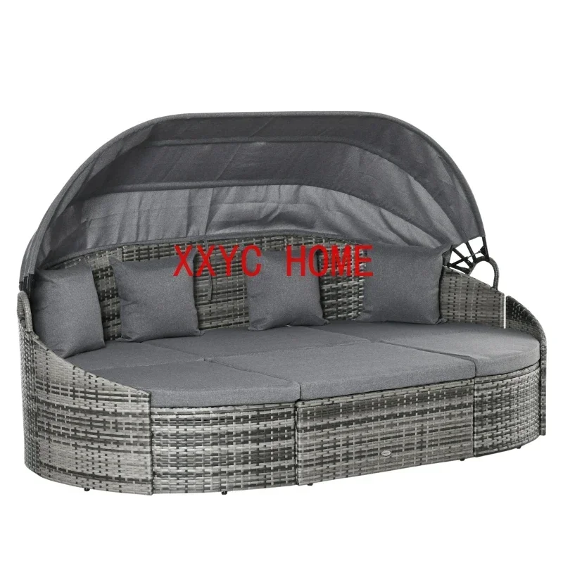 Grey Outdoor Round Daybed 4 Pieces Wicker Outdoor Rattan Sofa with Canopy,Cushions,Pillows for Lawn Garden Backyard