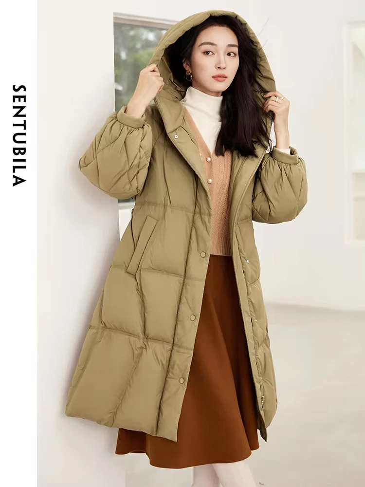 Sentubila Dames Winter Lantern Mouw Donsjack Vrouwen 2023 Mode Capuchon Winddichte Mid-Length Donzen Jassen W34y491