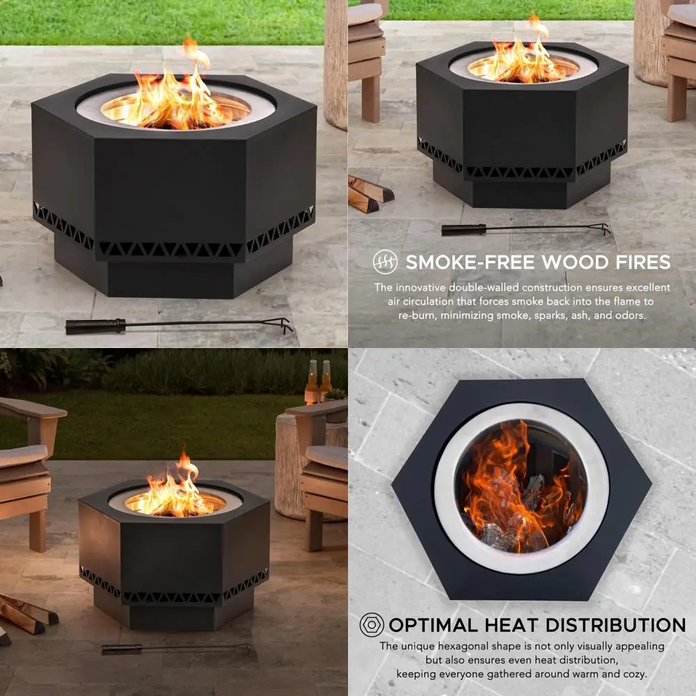 Sunjoy Braço de fogo hexagonal externo sem fumaça de 28 polegadas com cobertura de PVC e pôquer de fogo