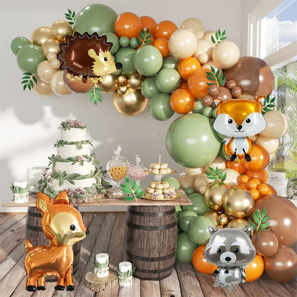 112-teiliges Dschungeltiere-Themen-Ballon-Set Girlande Bogen Fuchs, Igel, Hirsch, Waschbär Ballons für Jungen Mädchen Geburtstagsfeier Party-Dekoration