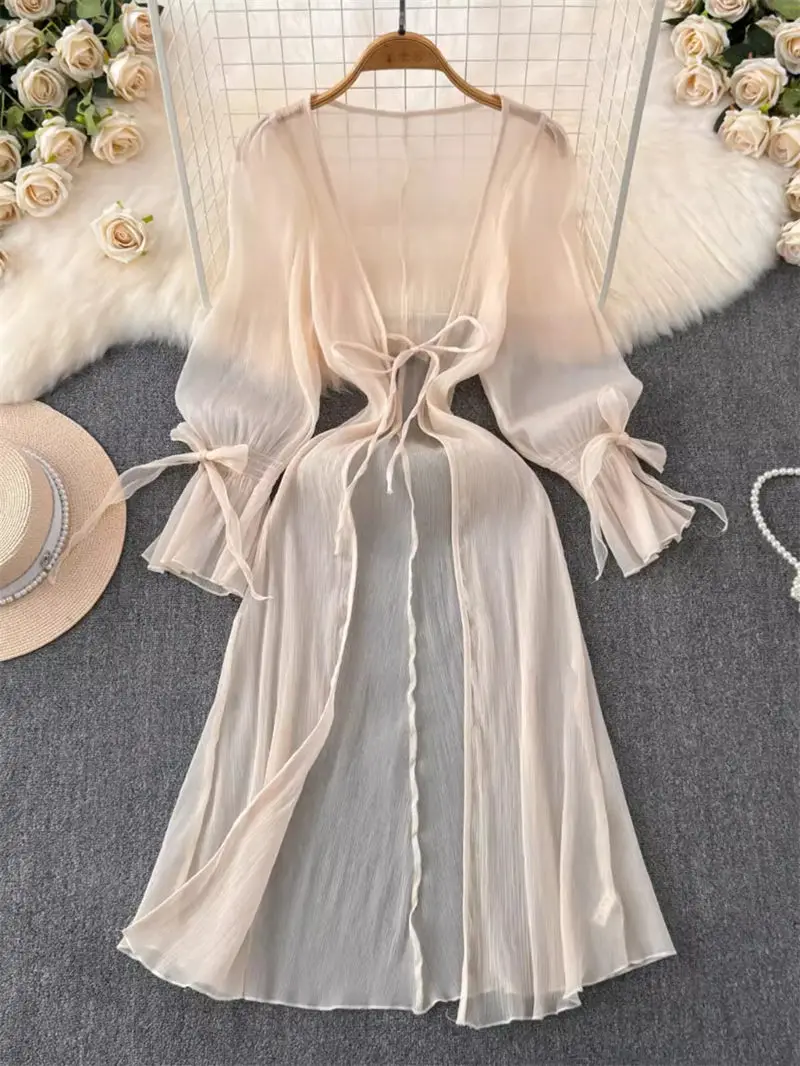 French Beach Tunic Top Vacation Sexy Bikini Chiffon Sunscreen Cardigan Coat For Women 2024 Summer Long Shirt Jacket K566