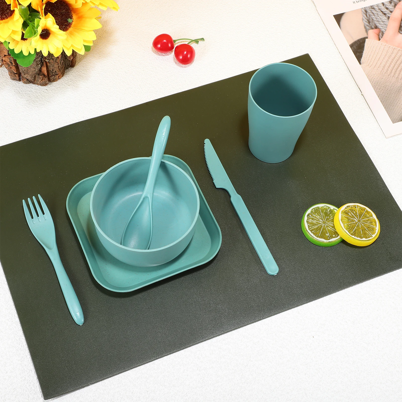 

Cyan Tableware Set Wheat Straw Unbreakable Camping Plates Bowls Cutlery Kitchen Supplies Safe Dining Reusable Travel Outdoor