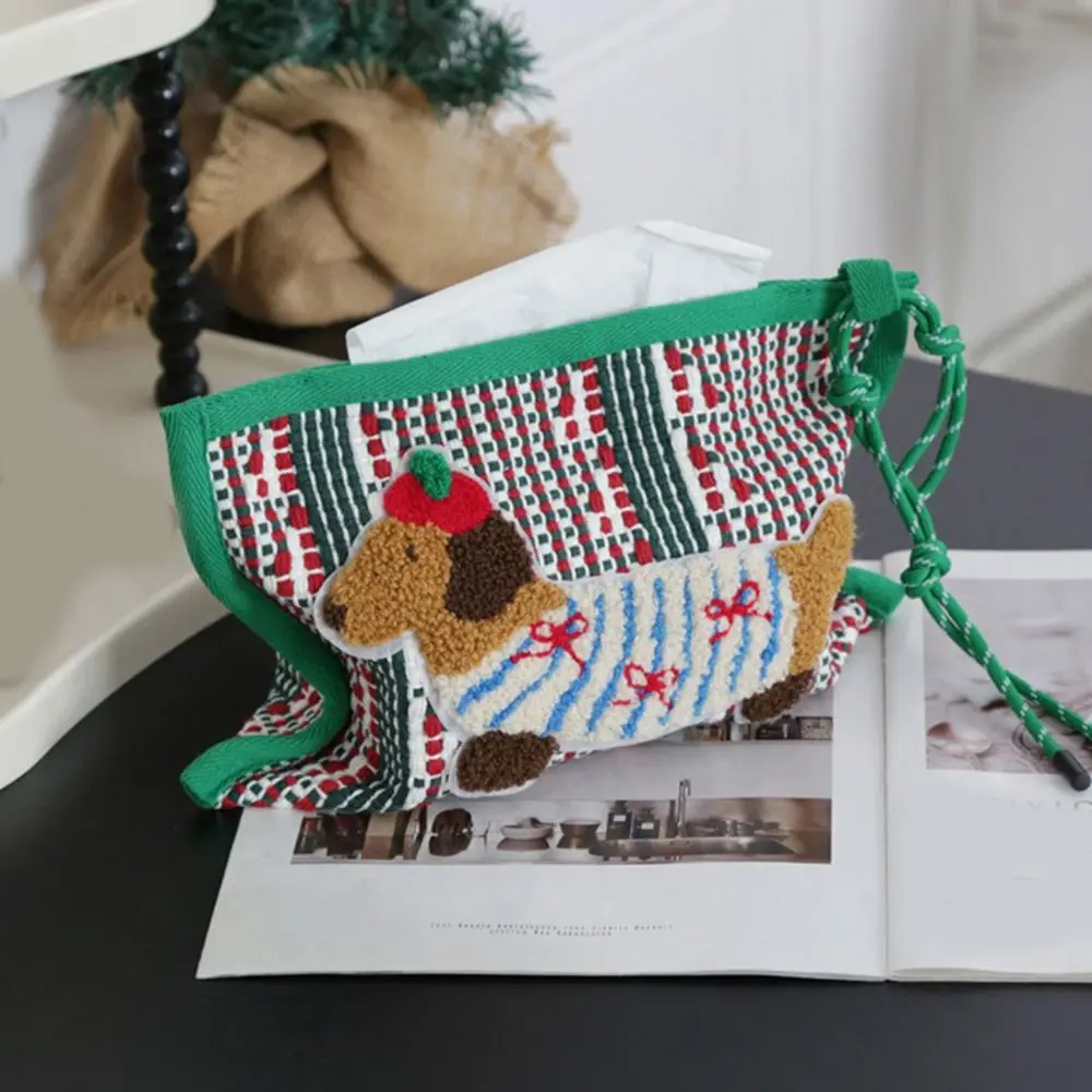 High-End Cotton Thread Dachshund Tissue Box Rustic Style Cute Woven Tissue Bag Decorative Hanging Paper Towel Bag Kitchen