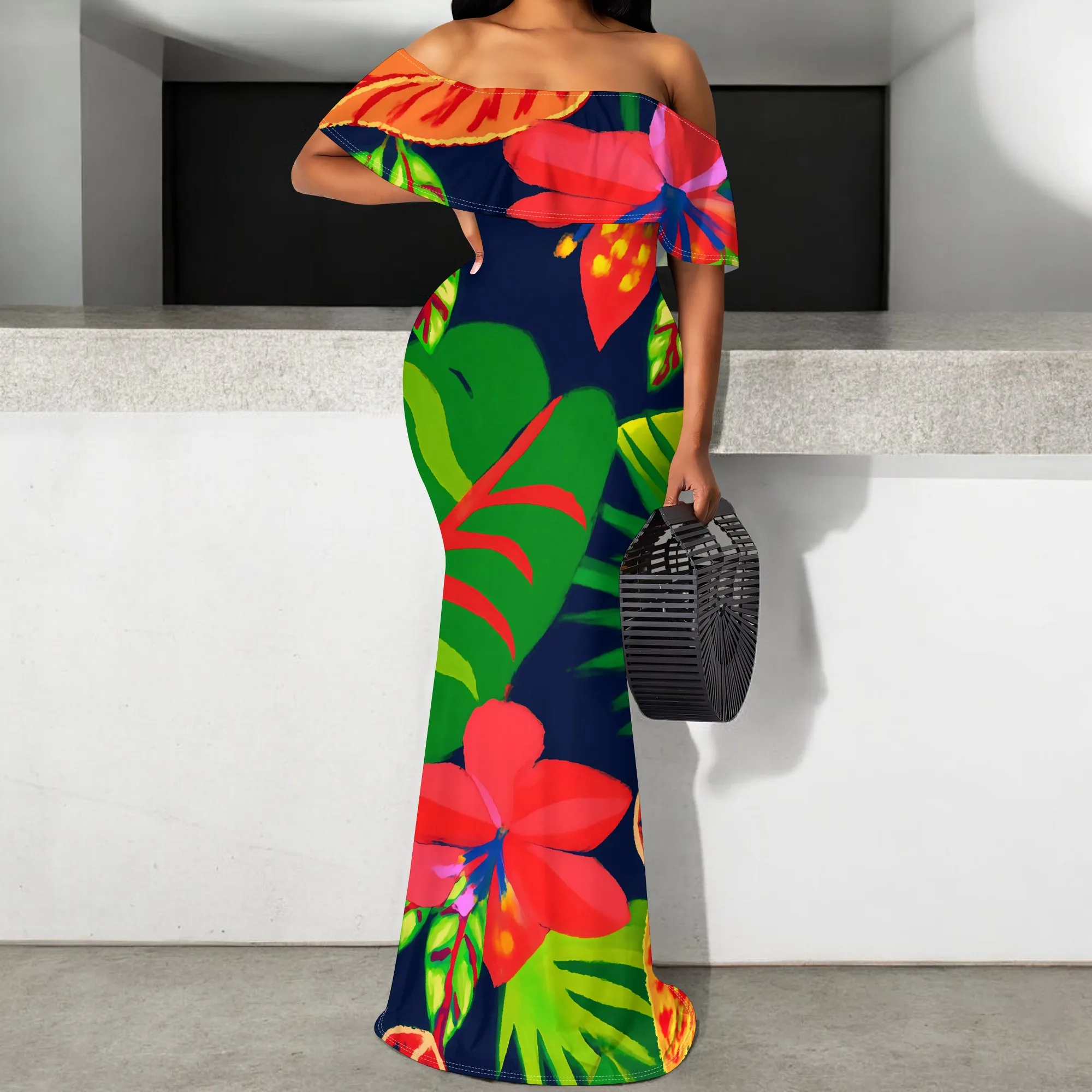 

Tropical Print Off Shoulder Maxi Dress Women Ruffle Bodycon Summer Beach Holiday Dress 2025