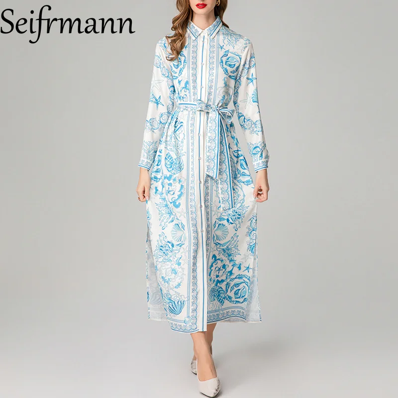 

Seifrmann Flip collar printed single breasted long vacation camping casual high waisted women's fashionable dress