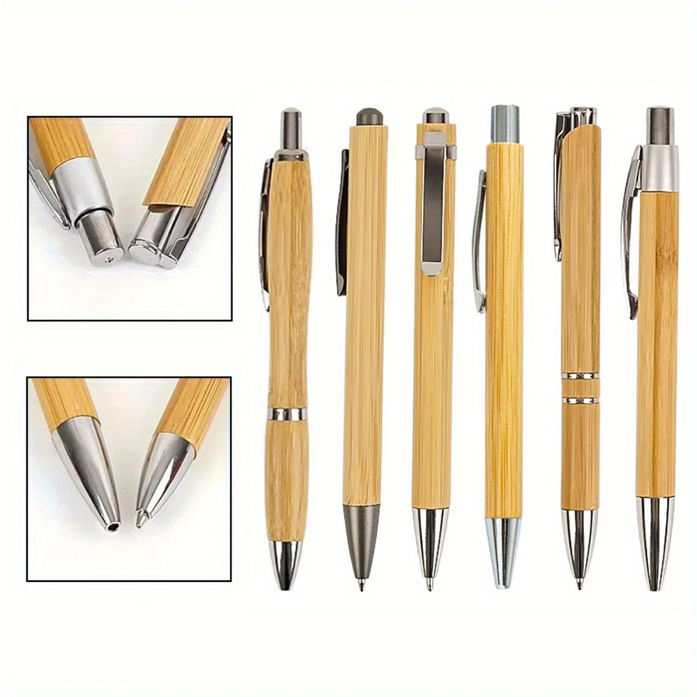 6Pcs High Quality Bamboo Ballpoint Pens 1MM Nib Black Ink Retractable for Office School Writing Smooth Refillable