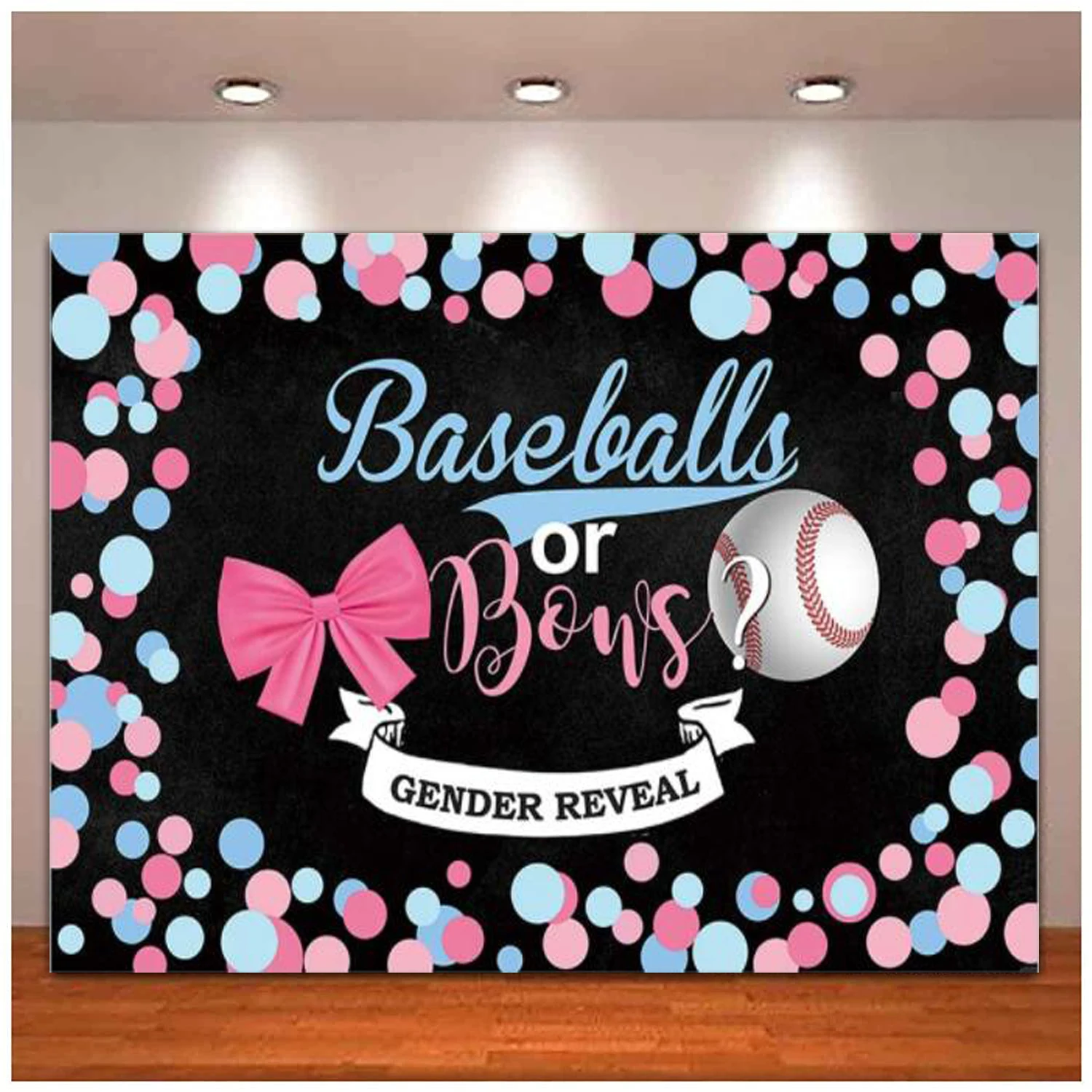 

Black Pink Blue Polka Dots Baseballs Or Bows Gender Reveal Photography Backdrop Boy Or Girl Baby Shower Party Banner Background