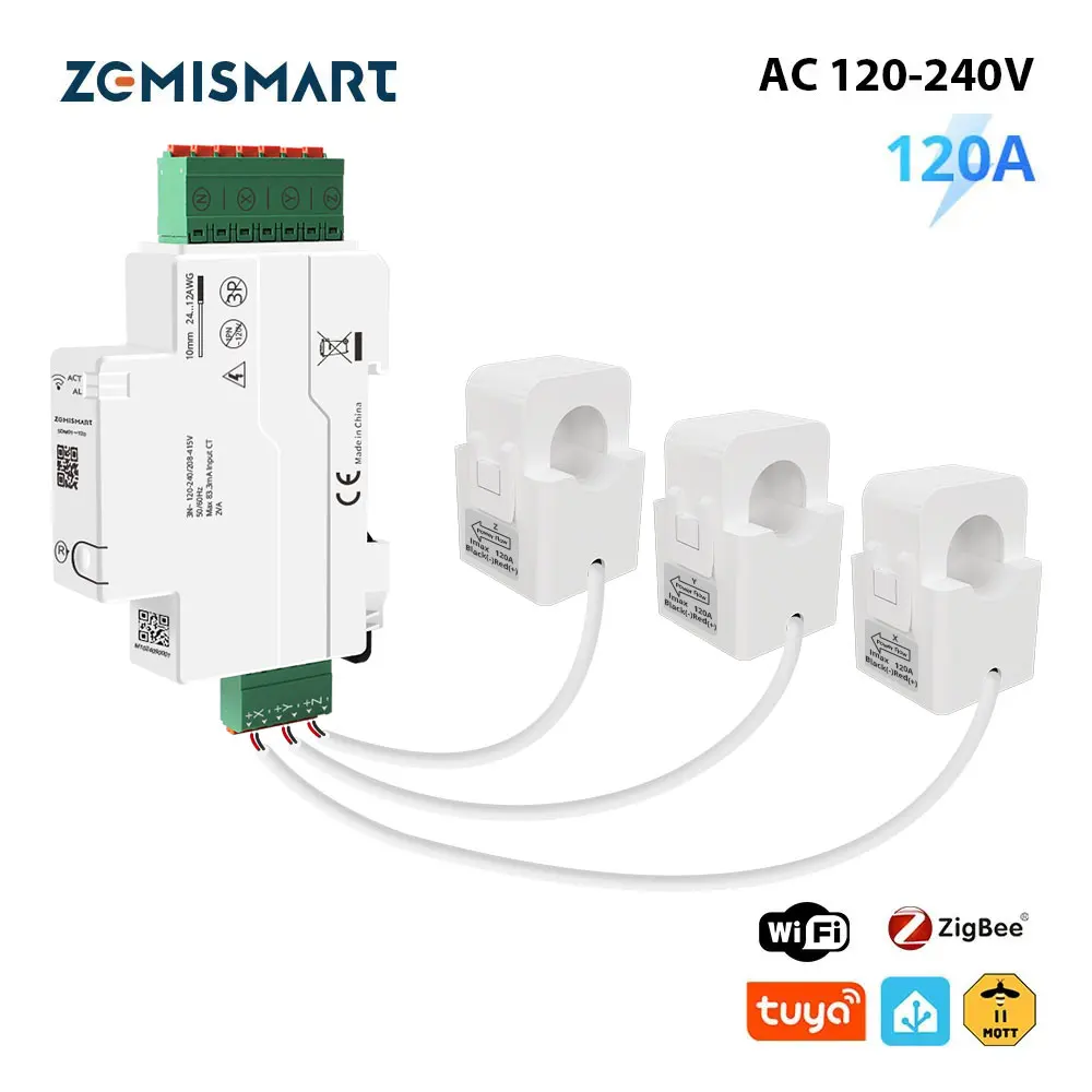 

Zemismart Zigbee WiFi 120A Din-rail Energy Meter 3 Phase Power Monitor Withdrawable Split-core CTs 120V 240V Work with Tuya APP