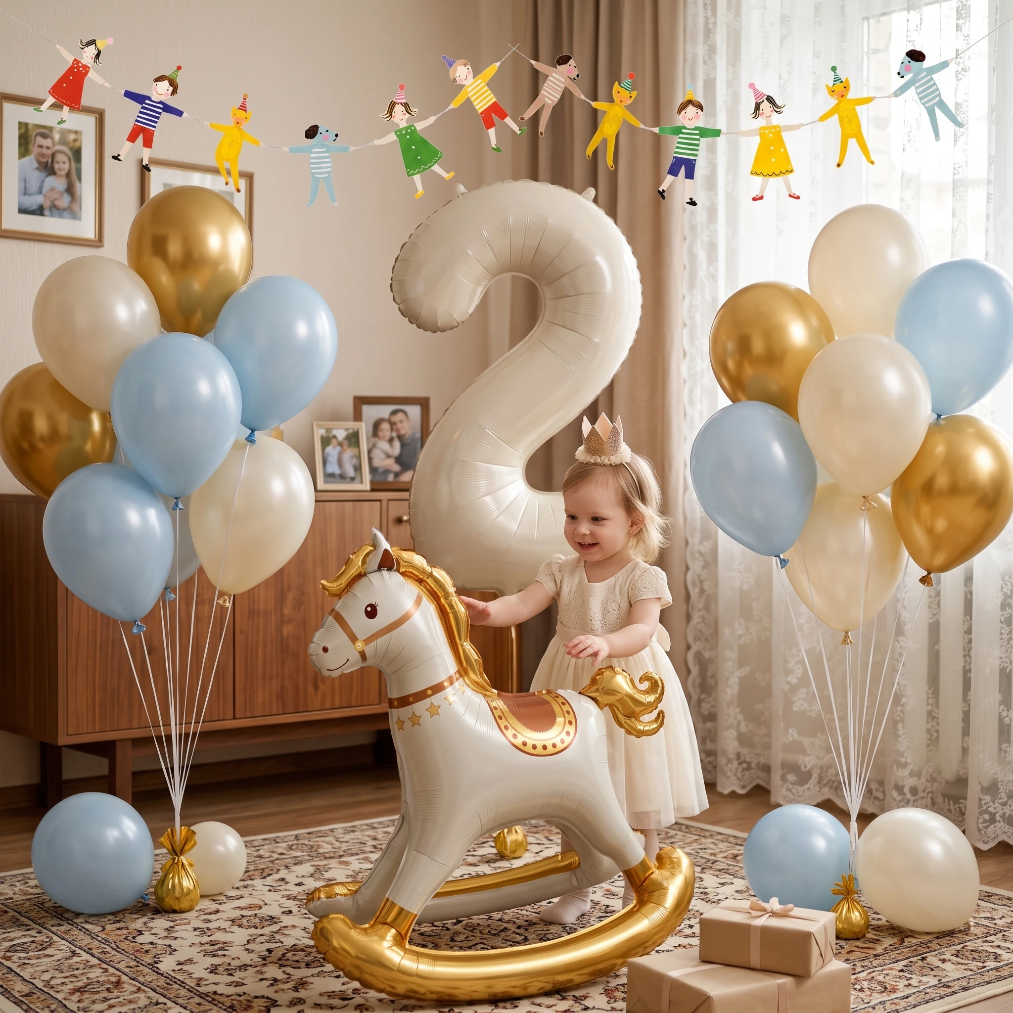 Rocking Horse Balloon Set 22 Pcs, 40 Inch Number 0‑9 Optional, Gold Blue Ivory Latex Balloons, Baby Birthday Party Decor
